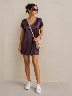 Nation LTD satin V-Neck Tee mini Dress in Plum with Contrast Trim